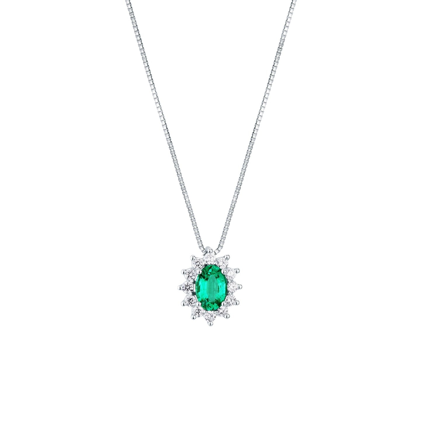 Collana con Pendente in Smeraldo Ovale e Diamanti in Oro Bianco 18kt – Mirco Visconti
