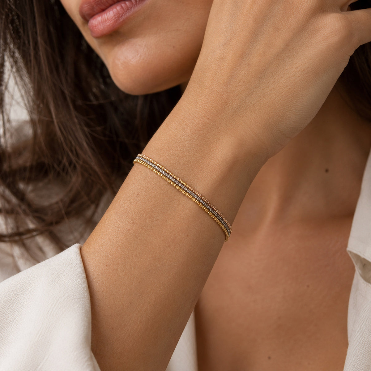 Bracciale Tre Ori a Tre Fili in Oro Giallo, Bianco e Rosa 18 kt – 20 cm, 3,90 g