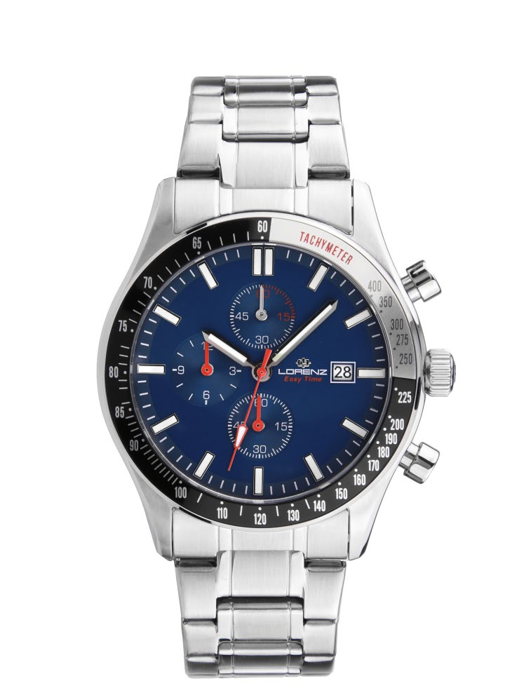 Orologio cronografo uomo Lorenz Easy Time Crono Sport 030289BB con quadrante blu, lancette rosse e bracciale in acciaio