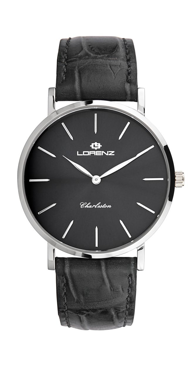 Orologio uomo Lorenz Charleston extrapiatto 030250NN con quadrante nero e cinturino in pelle nera stampa cocco