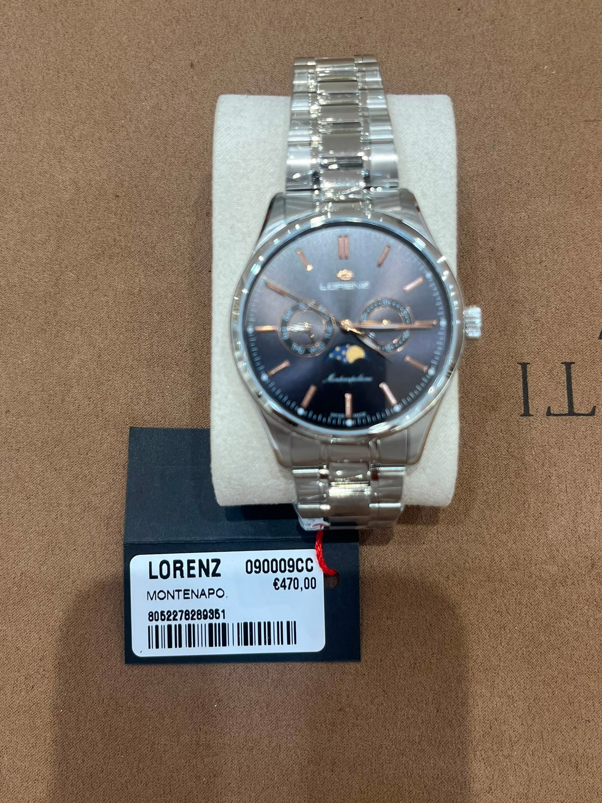 Orologio uomo Lorenz Montenapoleone Moon Phase 090009CC con fasi lunari, quadrante grigio e bracciale in acciaio