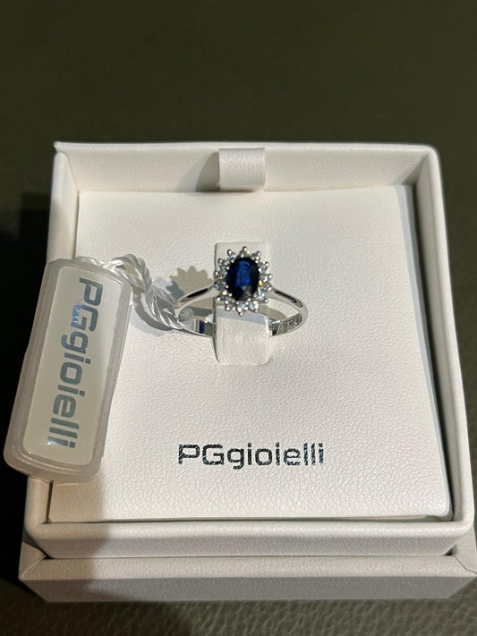 Anello PG Gioielli in Oro Bianco con Zaffiro Blu Ovale e Diamanti – ANLADYZ/3