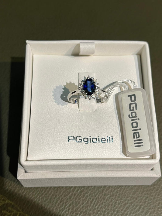 Anello PG Gioielli in Oro Bianco con Zaffiro Blu Ovale e Diamanti – ANLADYZ/4