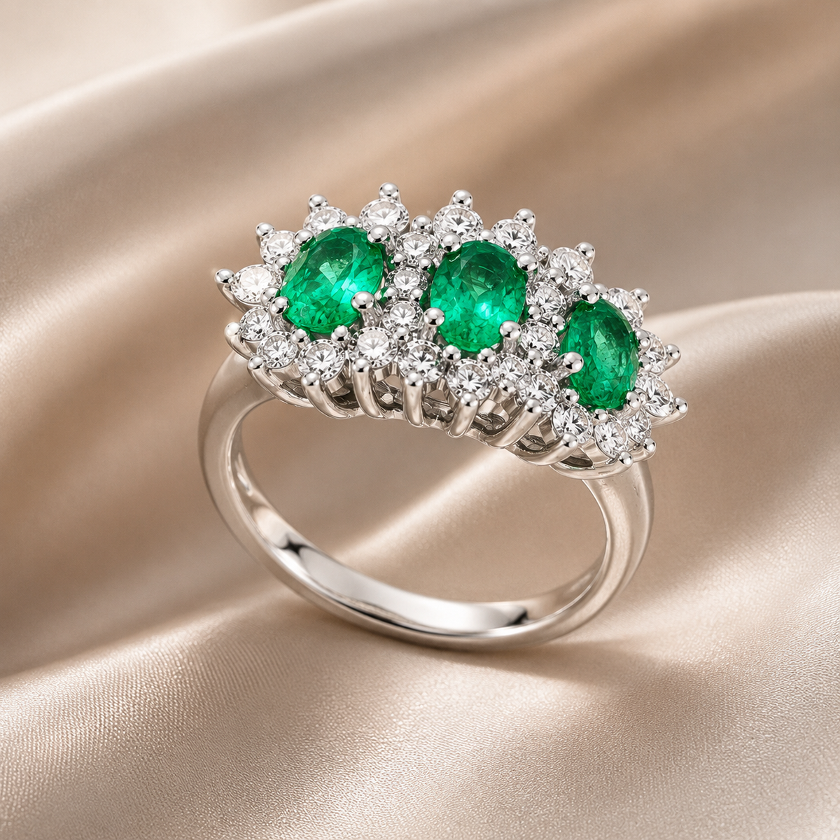 Anello Trilogy con Smeraldi Zambia 0,89 ct e Diamanti 0,75 ct G VS in Oro Bianco 18kt – Mirco Visconti (MV295/S)