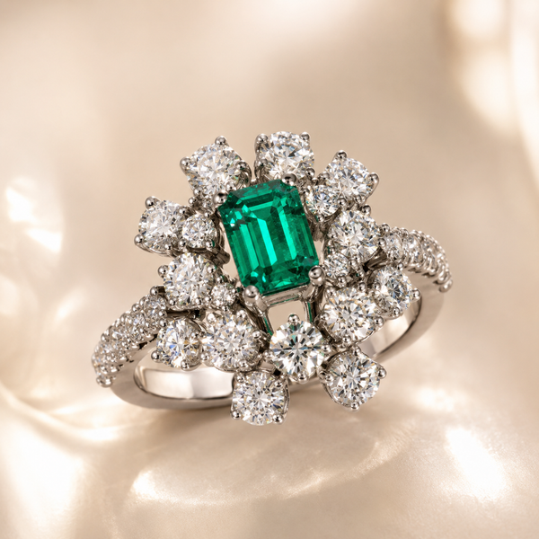 Karal Anello in Oro Bianco 18 kt con Smeraldo 1,20 ct e Diamanti 0,80 ct G VS