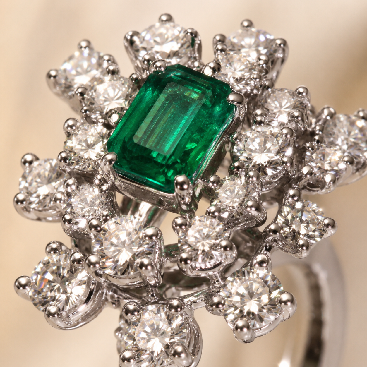 Karal Anello in Oro Bianco 18 kt con Smeraldo 1,20 ct e Diamanti 0,80 ct G VS