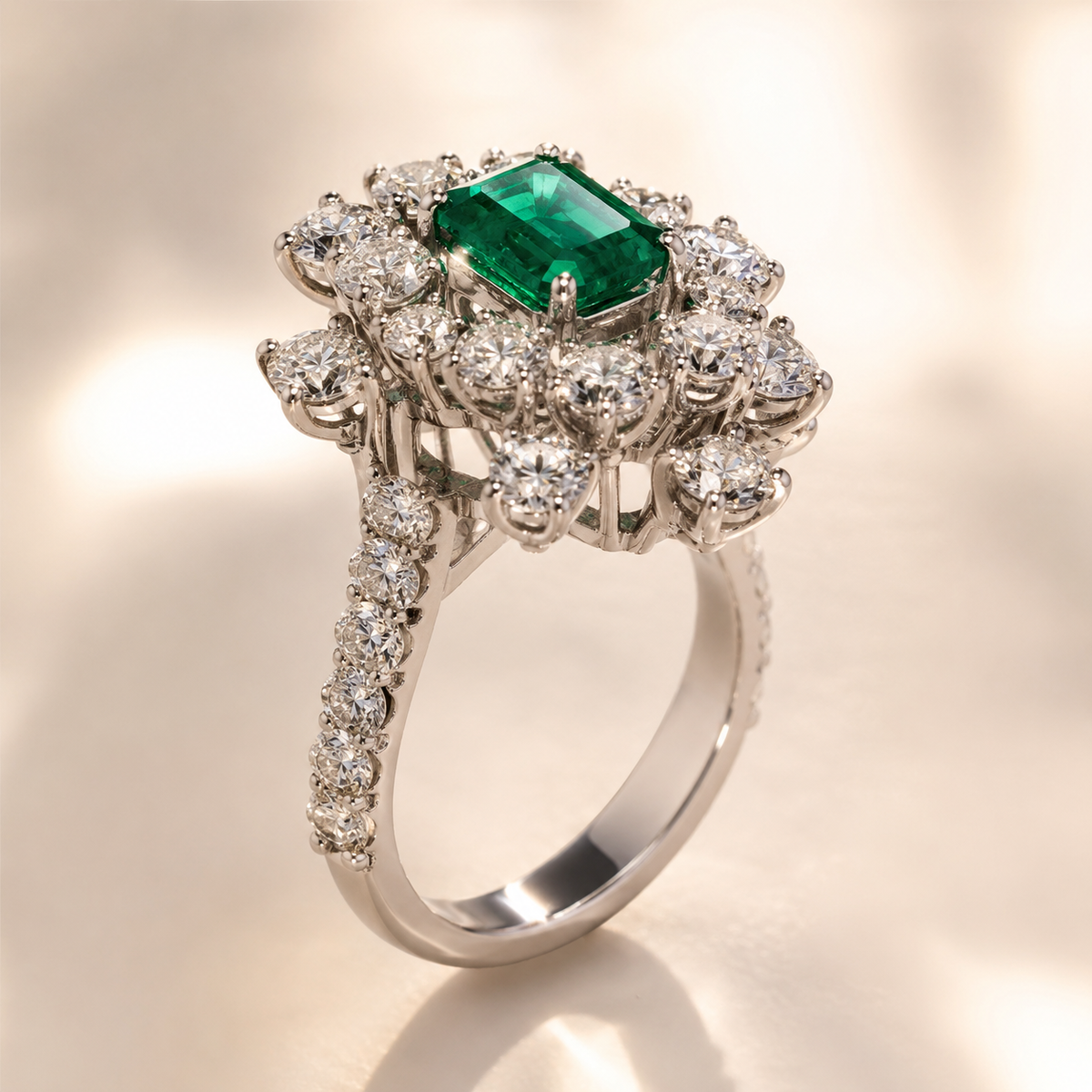 Karal Anello in Oro Bianco 18 kt con Smeraldo 1,20 ct e Diamanti 0,80 ct G VS
