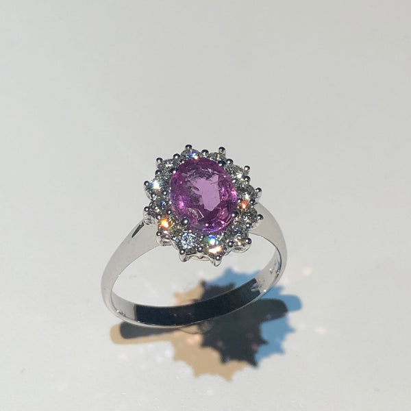 Anello Karal in Oro Bianco con Zaffiro Rosa 1,42 ct e Diamanti 0,50 ct