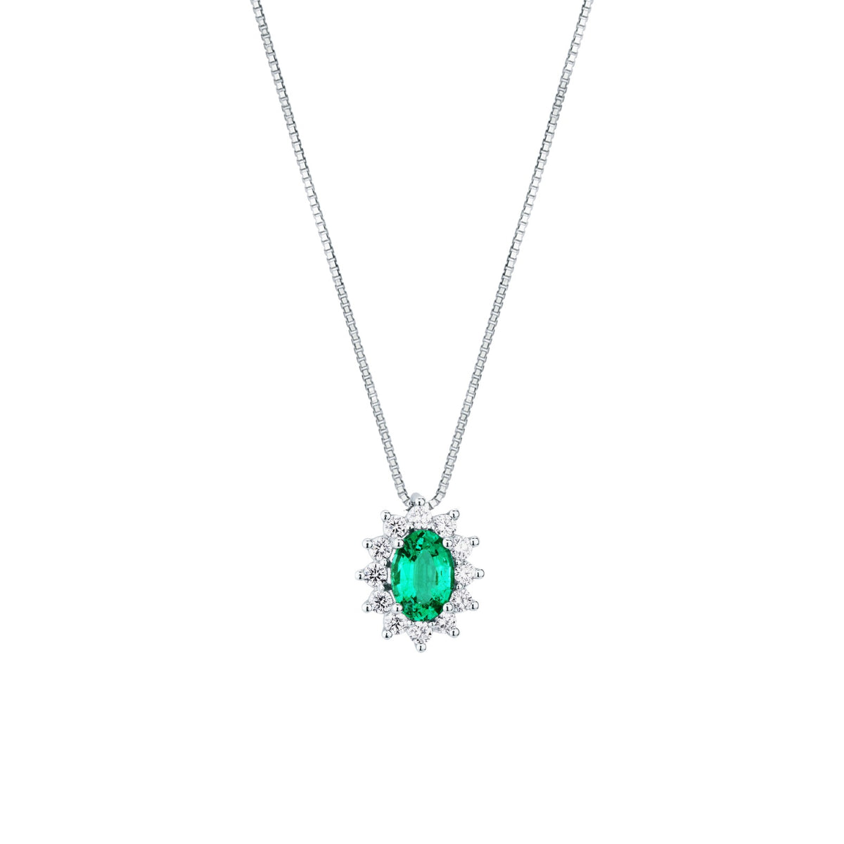 Collana con Pendente in Smeraldo Ovale e Diamanti in Oro Bianco 18kt – Mirco Visconti