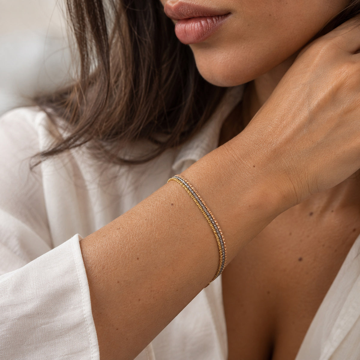 Bracciale Tre Ori a Tre Fili in Oro Giallo, Bianco e Rosa 18 kt – 20 cm, 3,90 g
