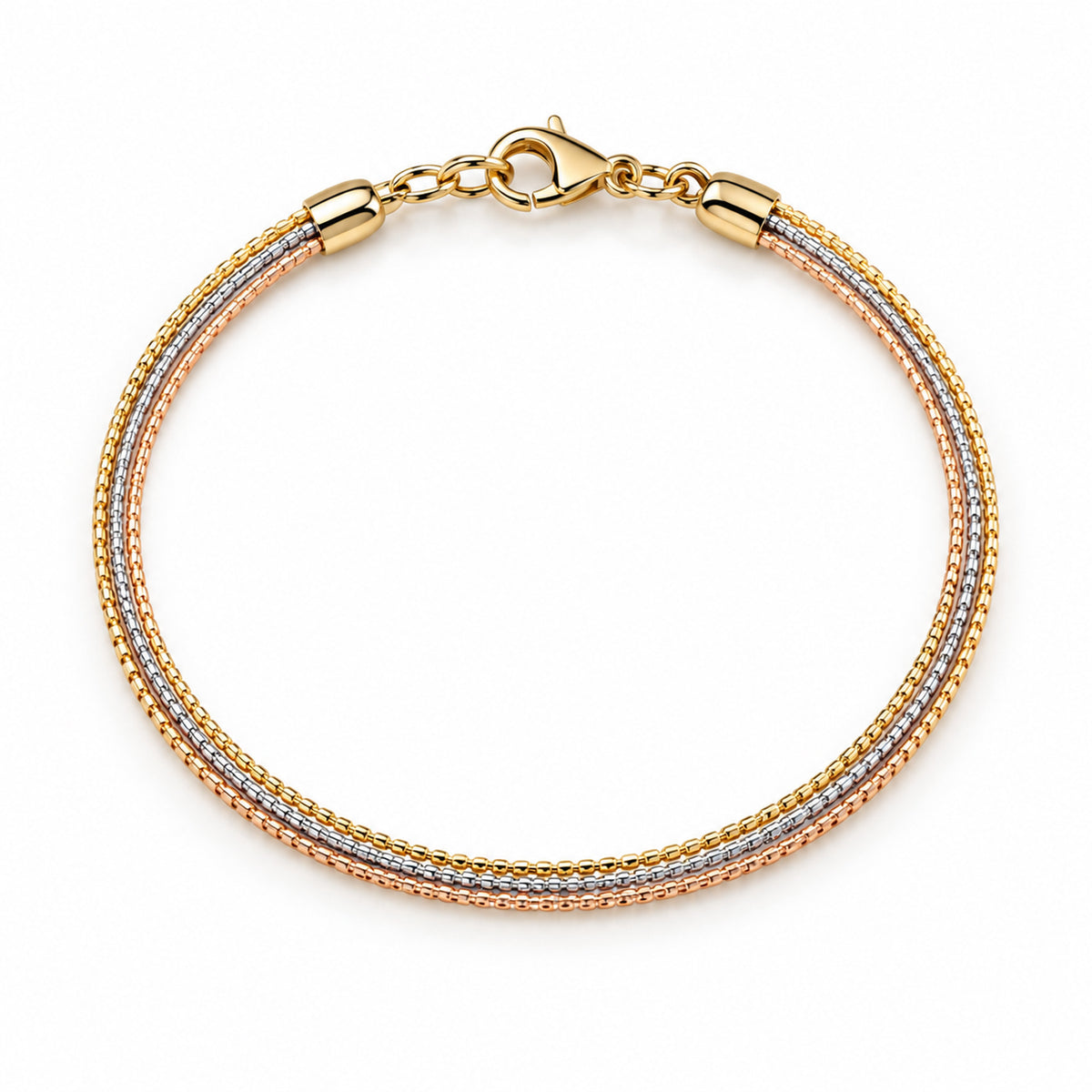 Bracciale Tre Ori a Tre Fili in Oro Giallo, Bianco e Rosa 18 kt – 20 cm, 3,90 g