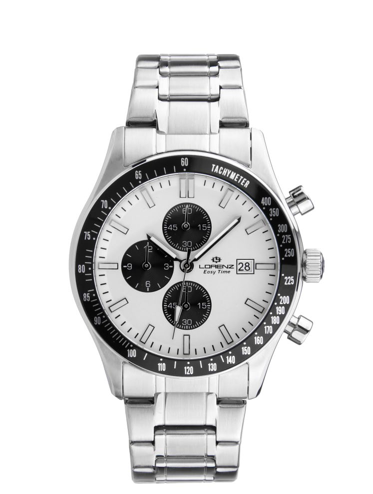 Orologio cronografo uomo Lorenz Easy Time Crono Sport 030289AA con quadrante bianco, contatori neri e bracciale in acciaio