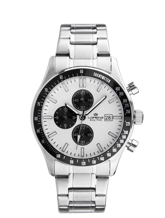 Orologio cronografo uomo Lorenz Easy Time Crono Sport 030289AA con quadrante bianco, contatori neri e bracciale in acciaio