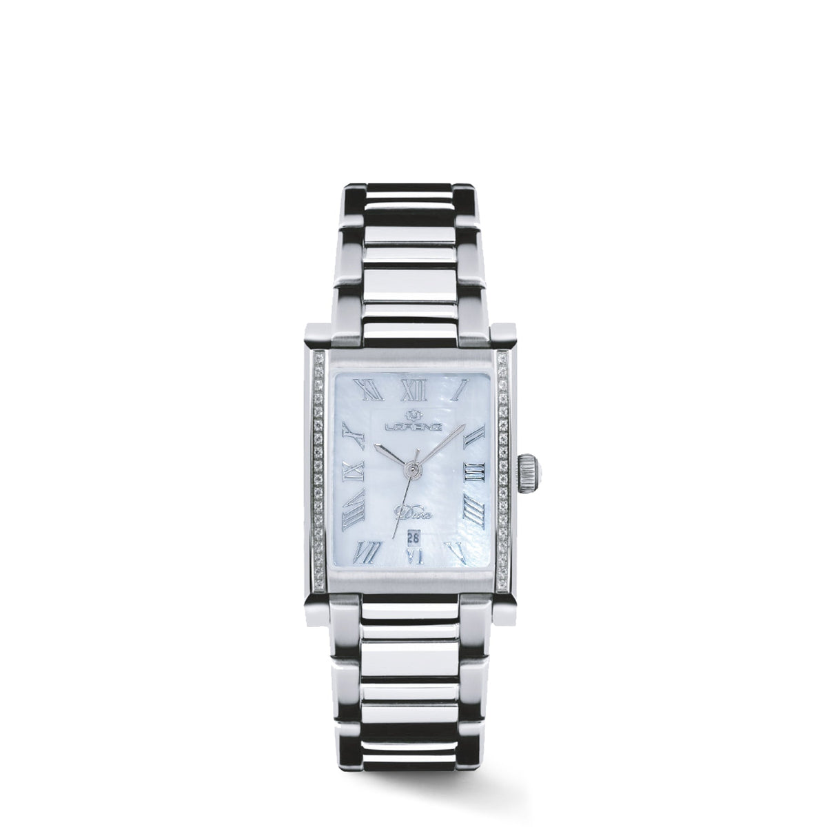 Orologio donna Lorenz Diva Square 030221DD rettangolare con diamanti, quadrante in madreperla e numeri romani