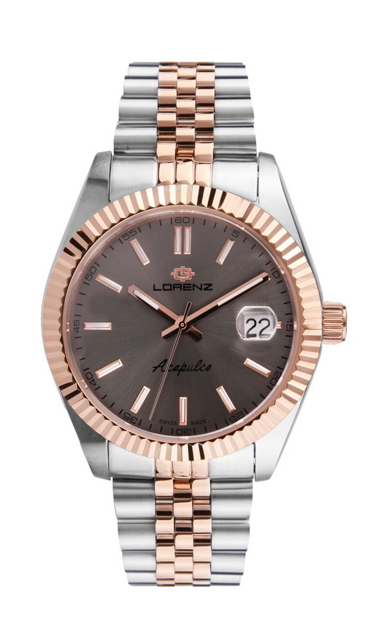 Orologio uomo Lorenz Acapulco 090025CC con ghiera zigrinata in oro rosa, quadrante grigio e bracciale jubilee bicolore