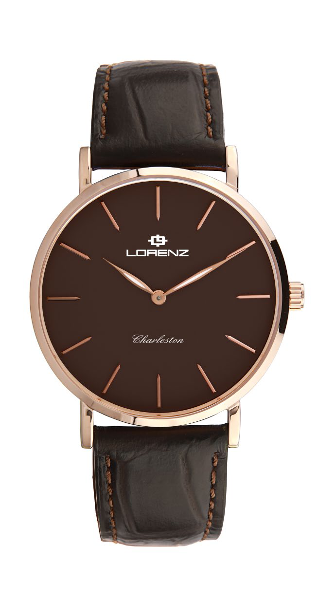 Orologio uomo Lorenz Charleston extrapiatto 030250MM con cassa oro rosa, quadrante marrone e cinturino in pelle stampa cocco