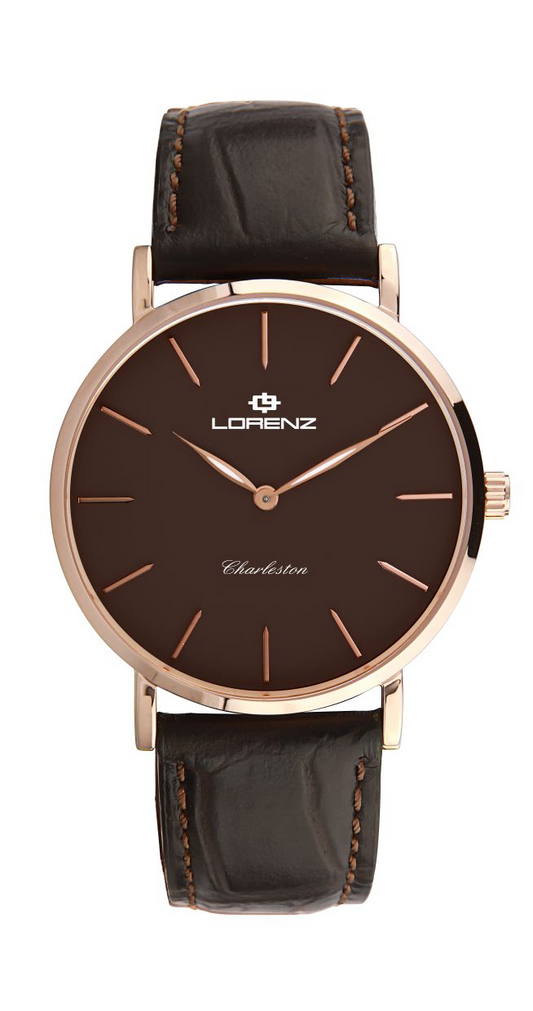 Orologio uomo Lorenz Charleston extrapiatto 030250MM con cassa oro rosa, quadrante marrone e cinturino in pelle stampa cocco