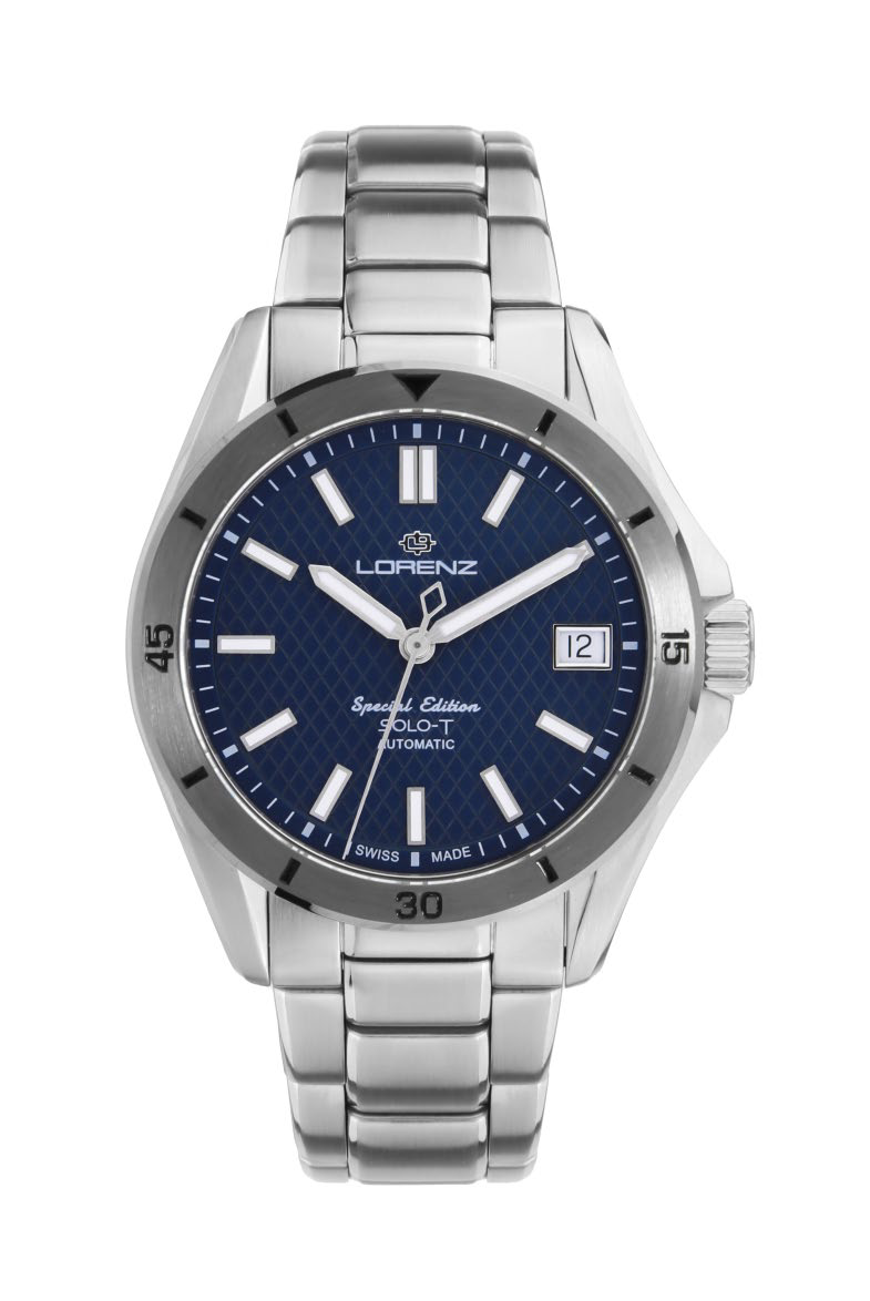 Orologio uomo Lorenz Solo-T 090024BB automatico Swiss Made con quadrante blu e bracciale in acciaio
