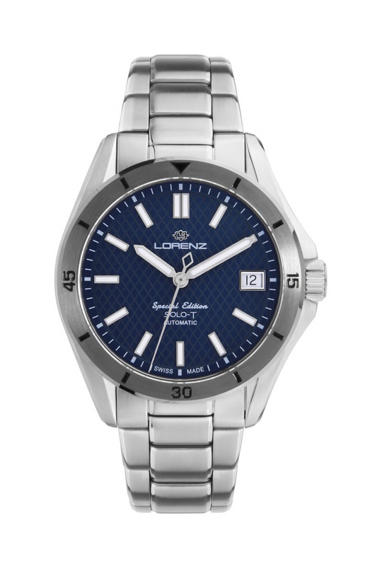 Orologio uomo Lorenz Solo-T 090024BB automatico Swiss Made con quadrante blu e bracciale in acciaio